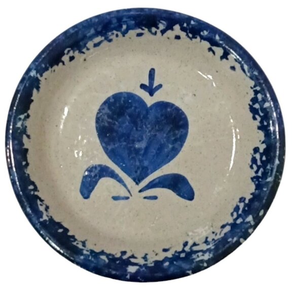 Vintage Bastine Pottery Spongeware Stoneware Dish Blue Heart 1986 Signed - Picture 1 of 6